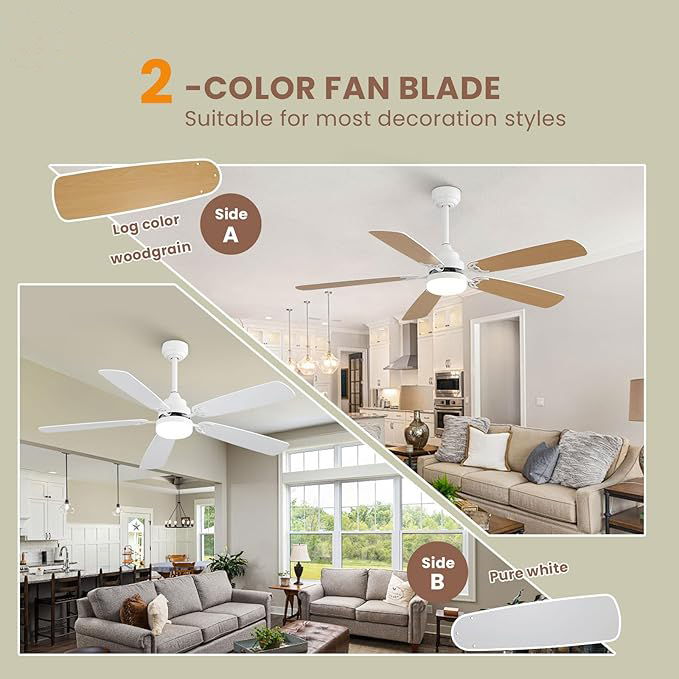 Indoor Modern 52&quot; Ceiling Fan With Dimmable 6 Speed Wind 5 Blades Remote Control Reversible Dc Motor With LED Light - White