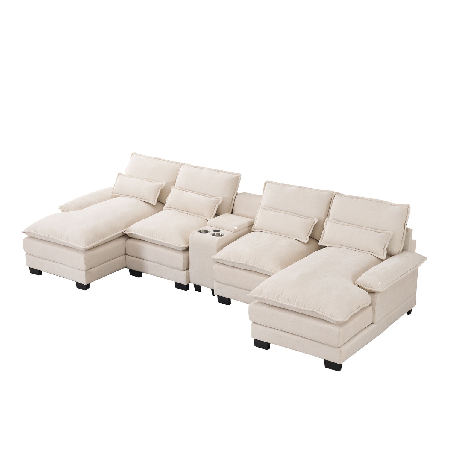 U Shaped Sofa With Console, Cupholders, USB Ports, 6 Seat, Bronzing Suede &amp; Chenille