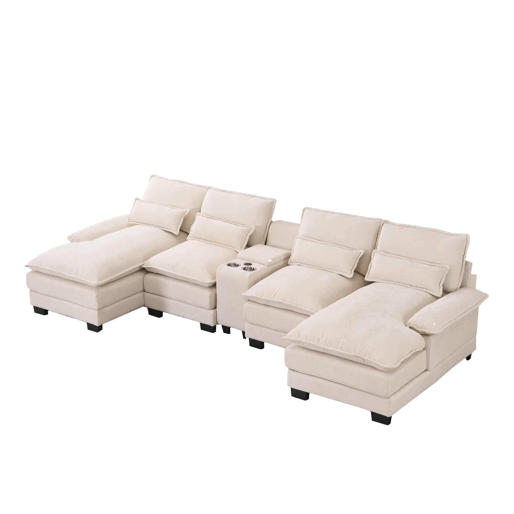 U Shaped Sofa With Console, Cupholders, USB Ports, 6 Seat, Bronzing Suede &amp; Chenille