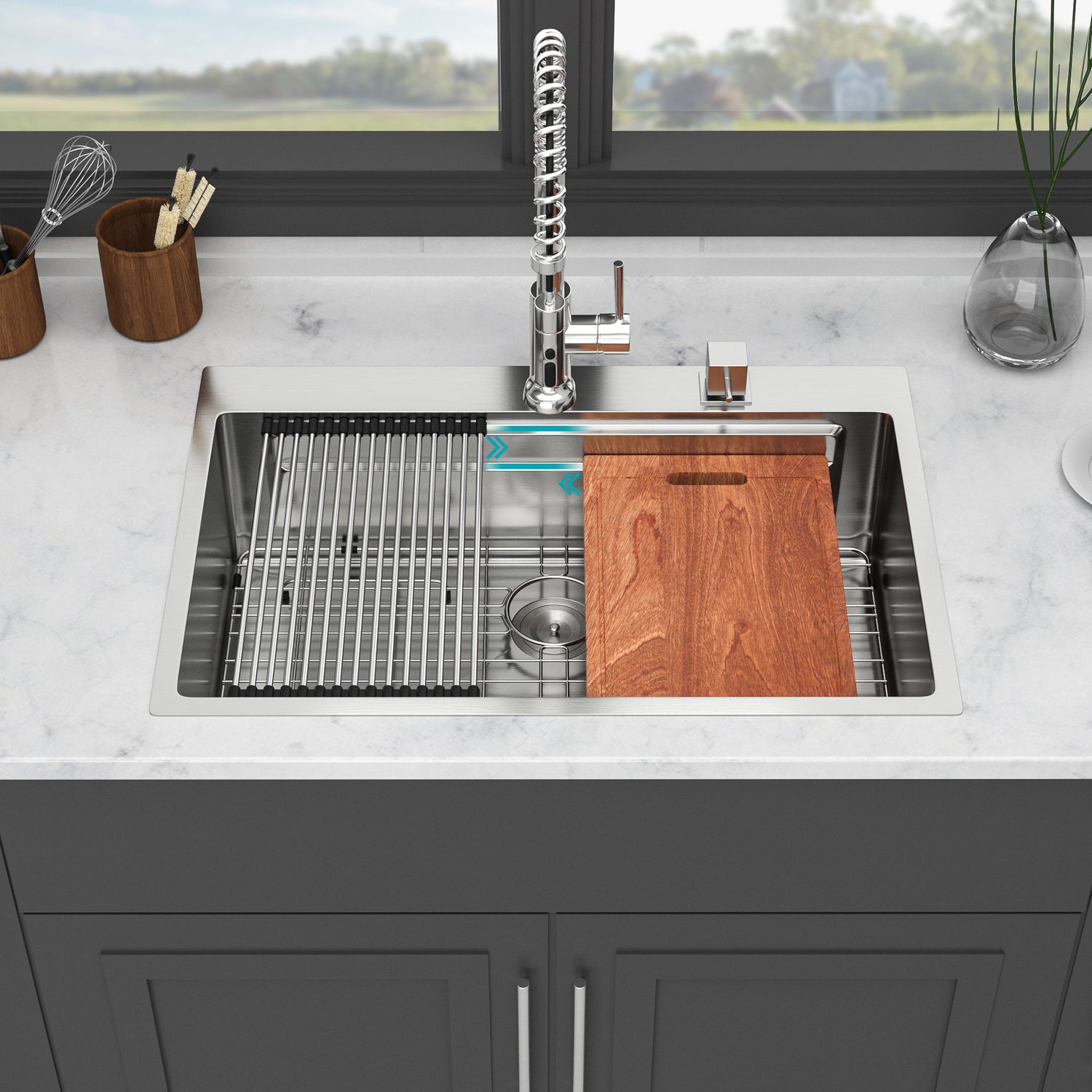 33&quot; Drop In Kitchen Sink Single Bowl 16 Gauge Stainless Steel Ledge Workstation - Black