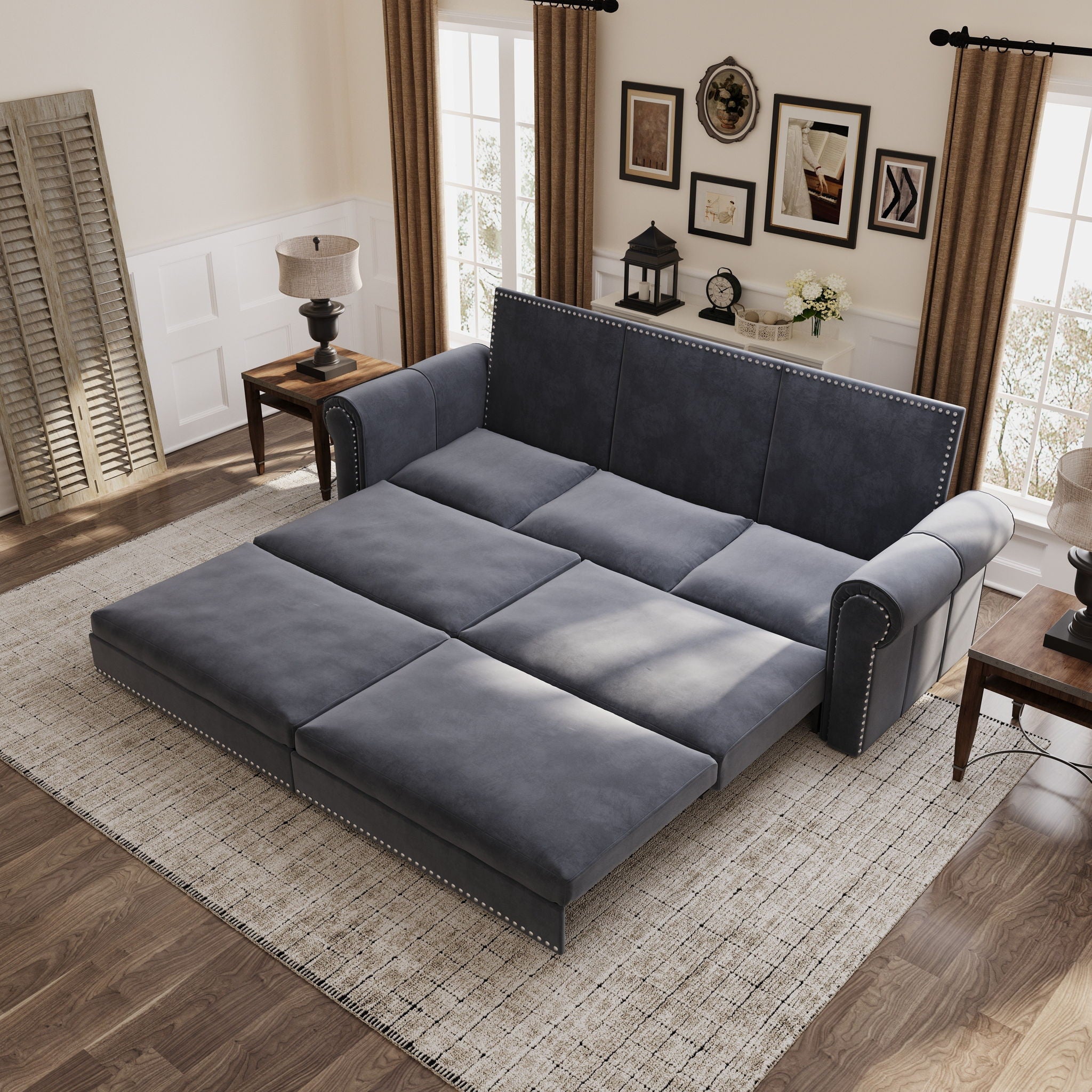 3 In 1 Convertible Sleeper Sofa With Nailhead Trim &amp; Rolled Arm
