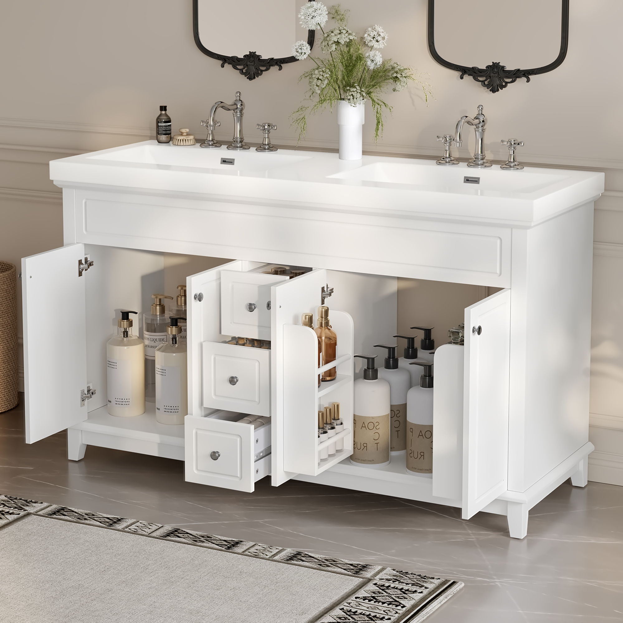 Bathroom Vanity With Double Sinks, 3 Drawers &amp; 4 Doors, Soft Close, All Open Back Design - White