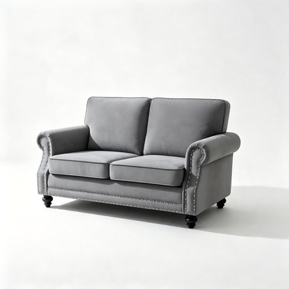 Loveseat Sofa With Nailhead Detail &amp; Turned Legs, 2 Seater Upholstered Couch