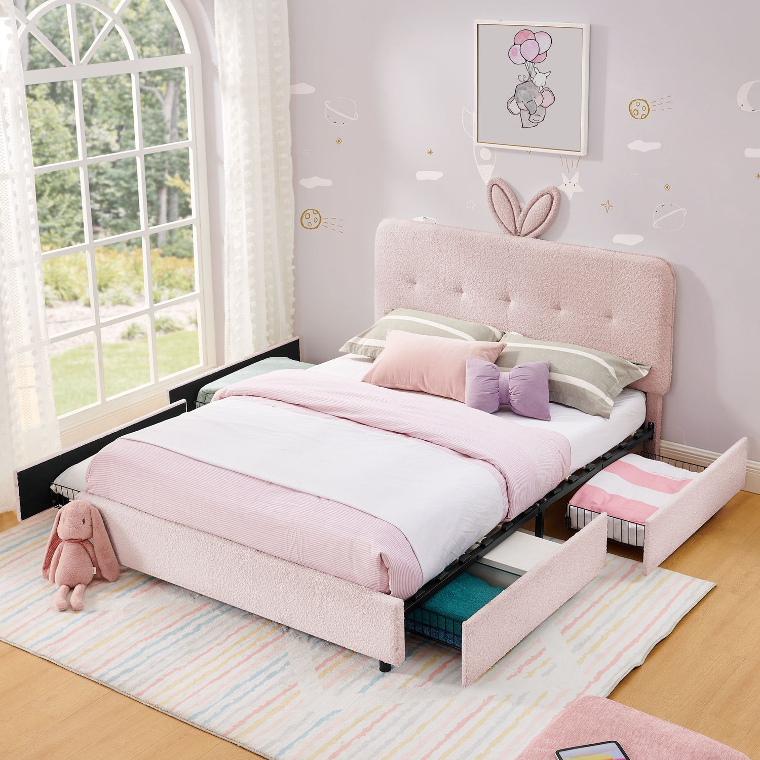 Upholstered Bed With Oversized Rabbit Ear Headboard, LED Lights &amp; 4 Storage Drawers