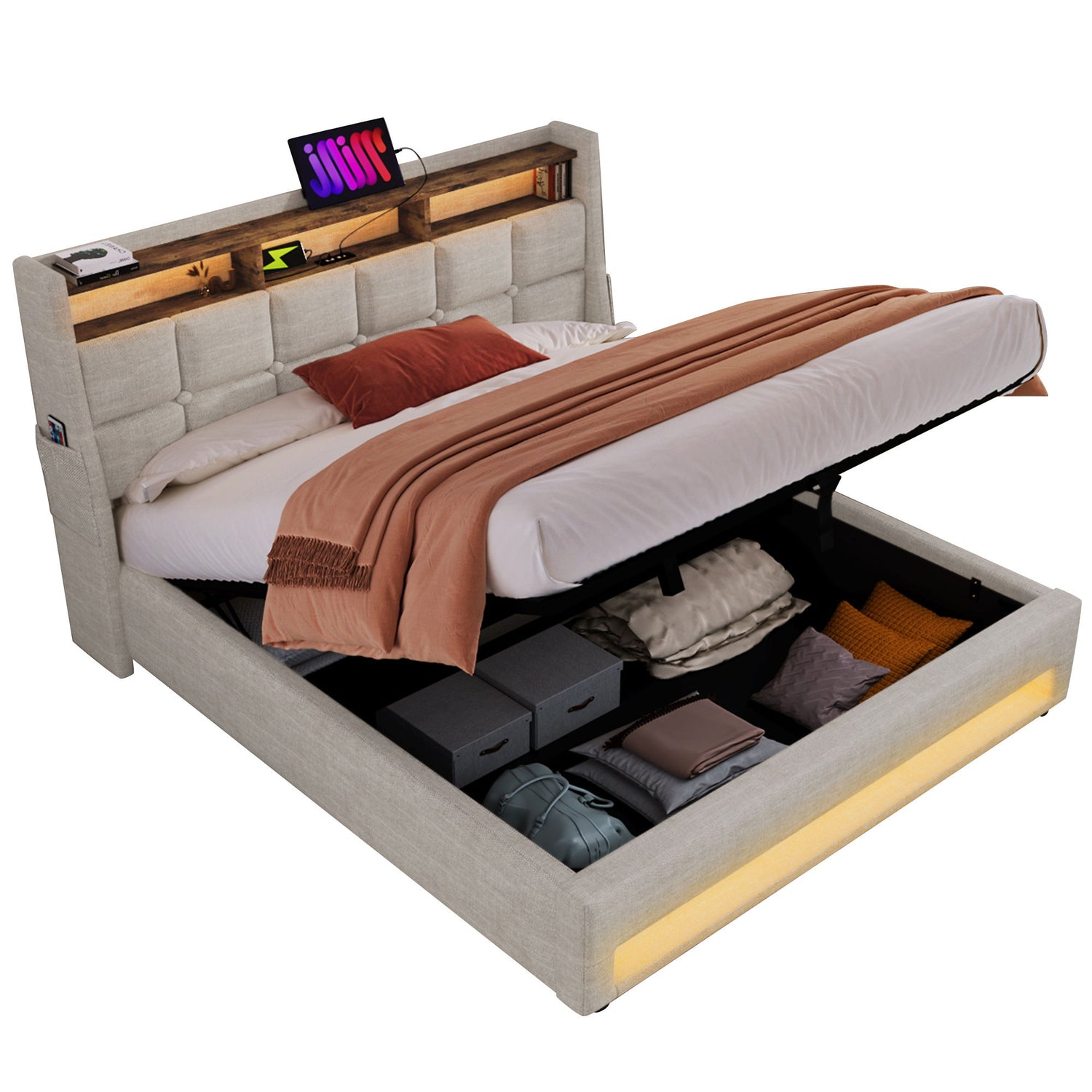 Platform Bed With Hydraulic Storage, LED Lighting &amp; Charging Station