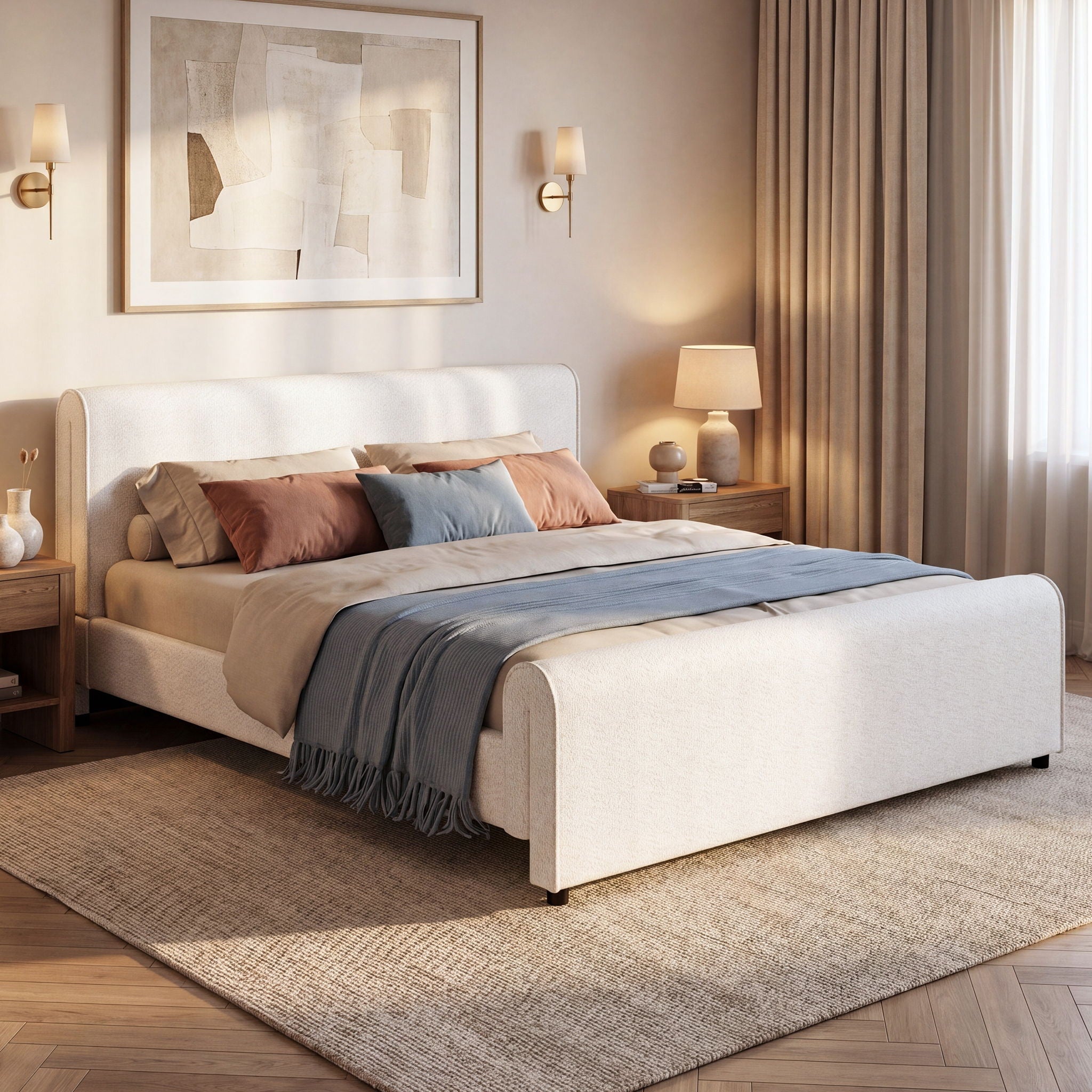 Luxury Upholstered Bed Frame With Curved Headboard &amp; Footboard