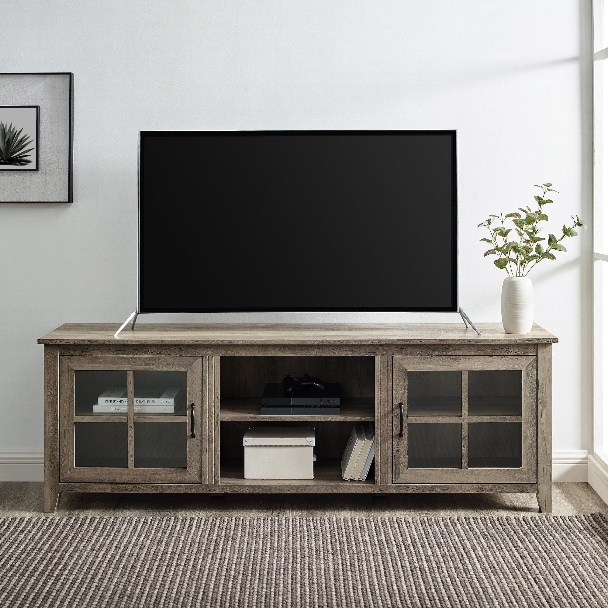 Modern Farmhouse 2 Door Glass Windowpane 70&quot; TV Stand For 80&quot; TVs