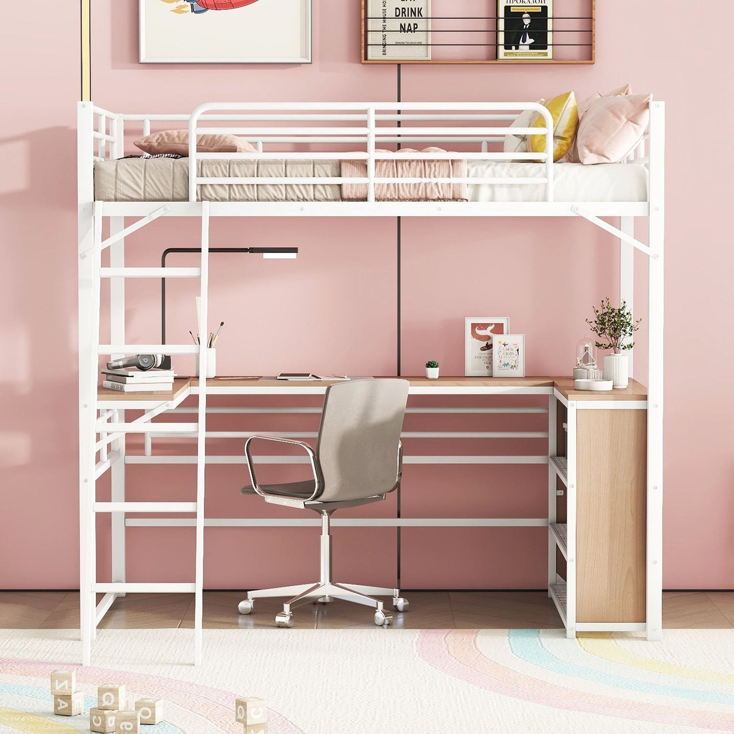 Loft Bed &amp; 3 Layers Of Shelves And L-Shaped Desk