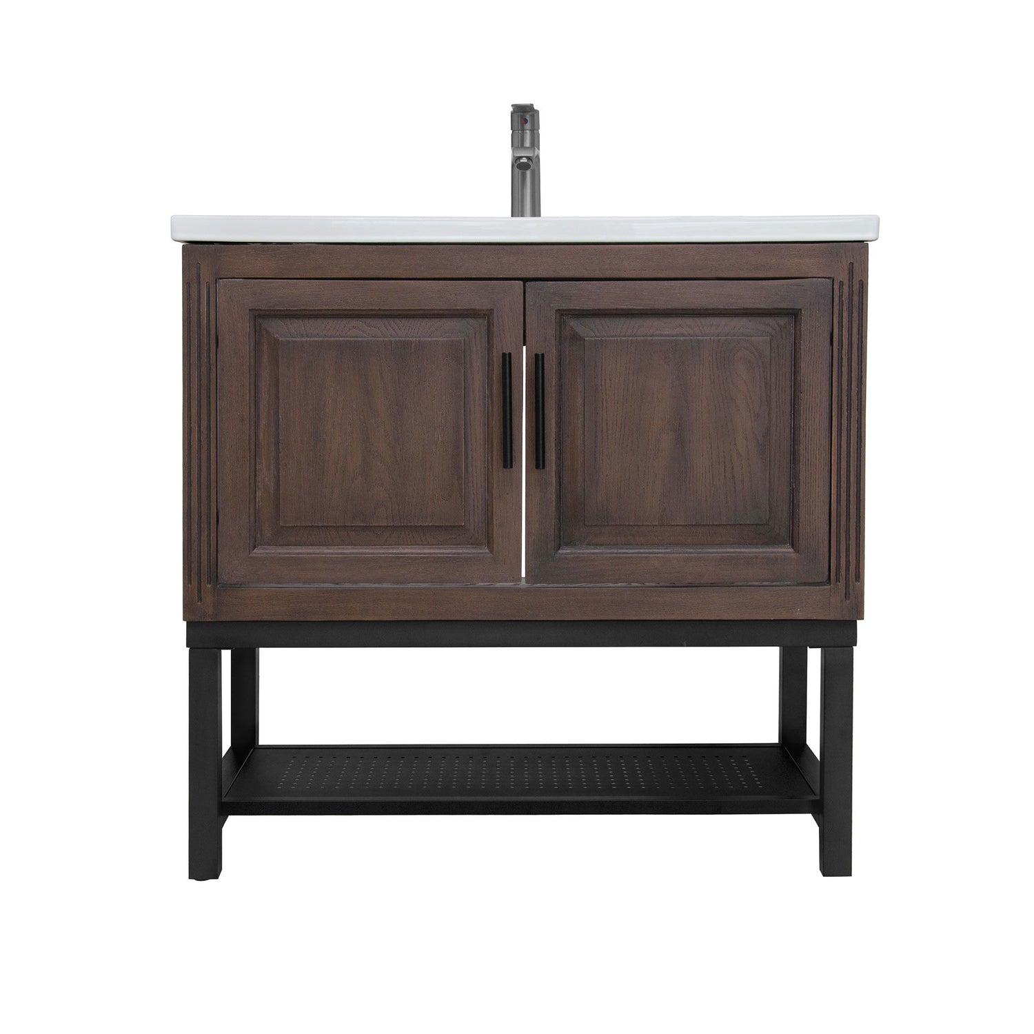 Modern Freestanding Bathroom Vanity With Ceramic Sink, Hot And Cold Faucet, Storage Cabinet &amp; Open Shelf