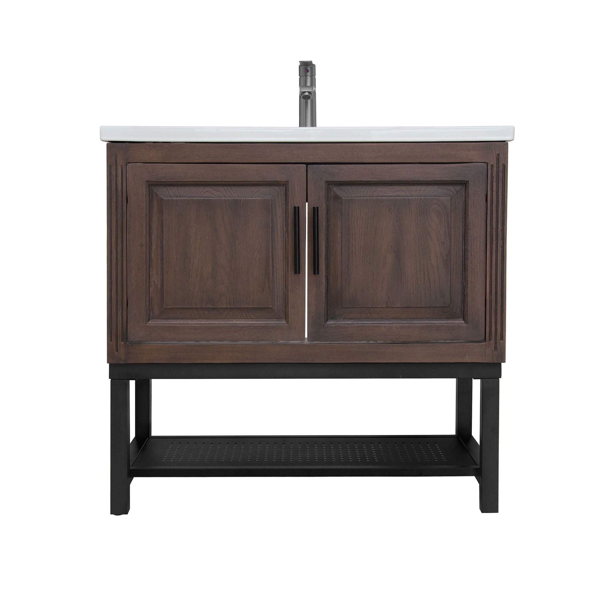 Modern Freestanding Bathroom Vanity With Ceramic Sink, Hot And Cold Faucet, Storage Cabinet &amp; Open Shelf