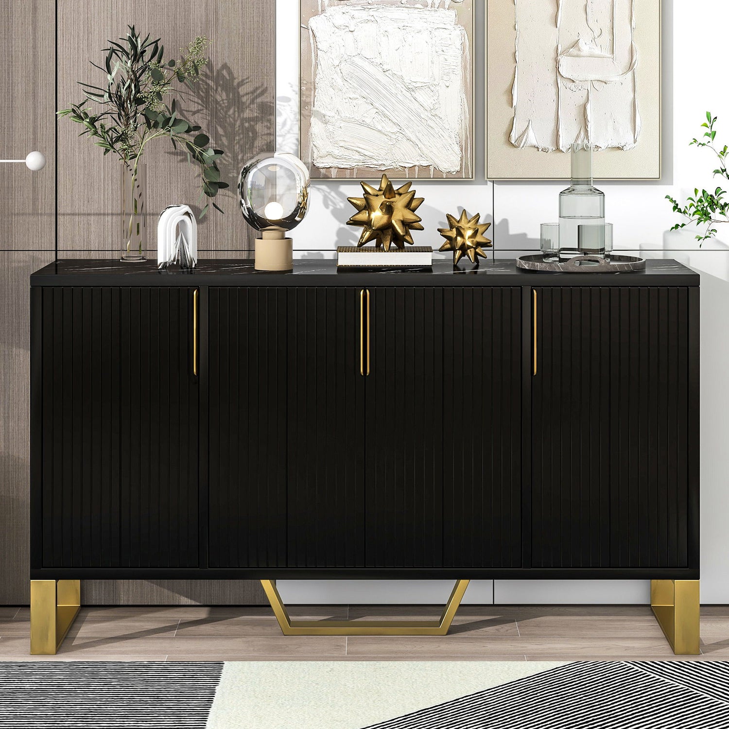 Modern Sideboard With Four Doors, Metal Handles &amp; Legs And Adjustable Shelves Kitchen Cabinet