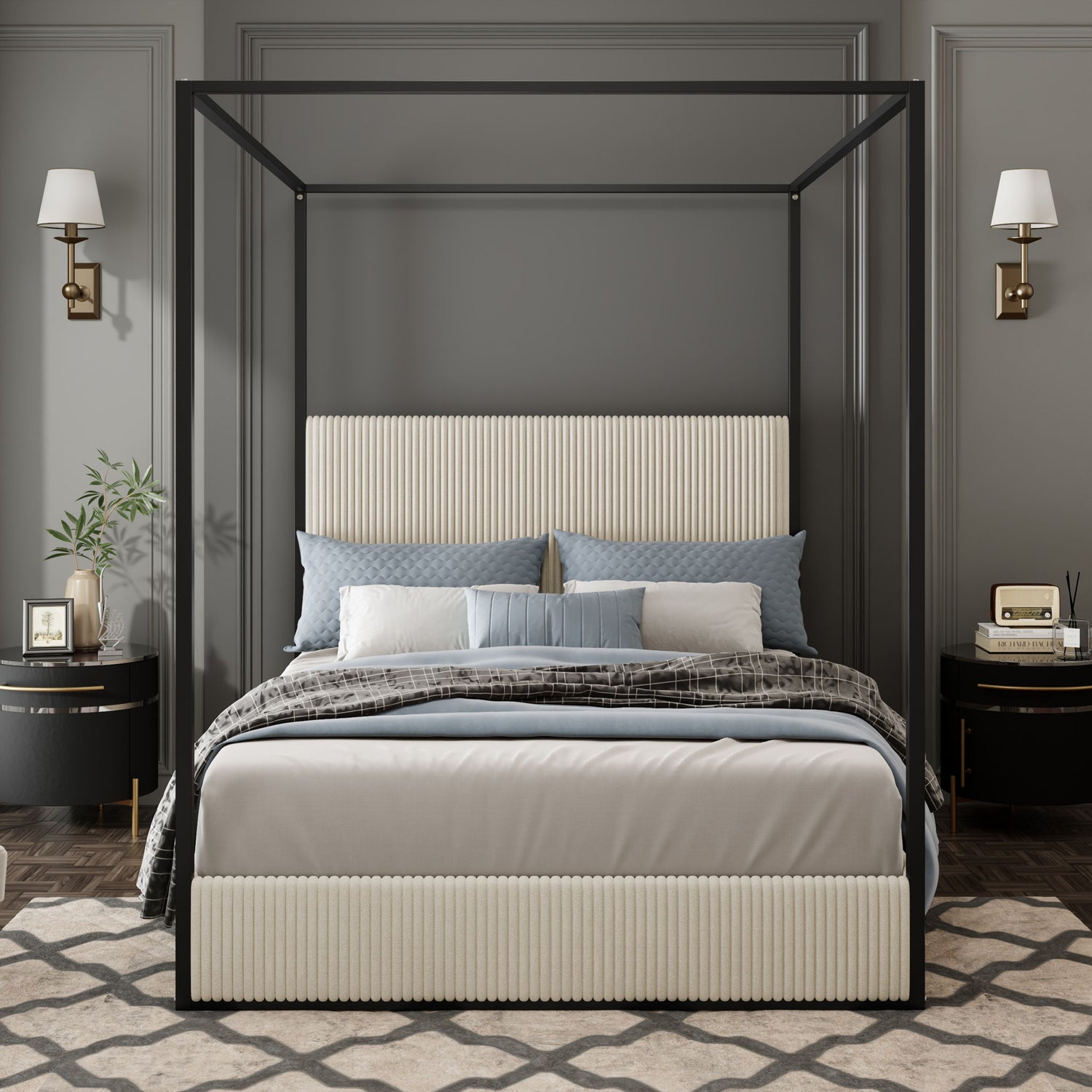 Luxury Canopy Bed With Plush Corduroy Upholstered Headboard