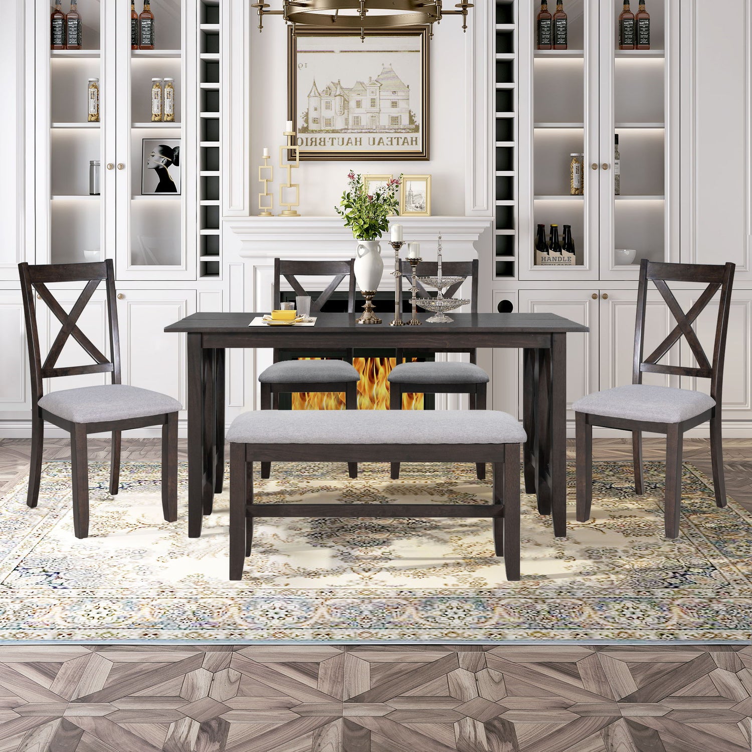 6 Piece Family Dining Room Set, Space Saving Foldable Table And 4 Chairs With Bench