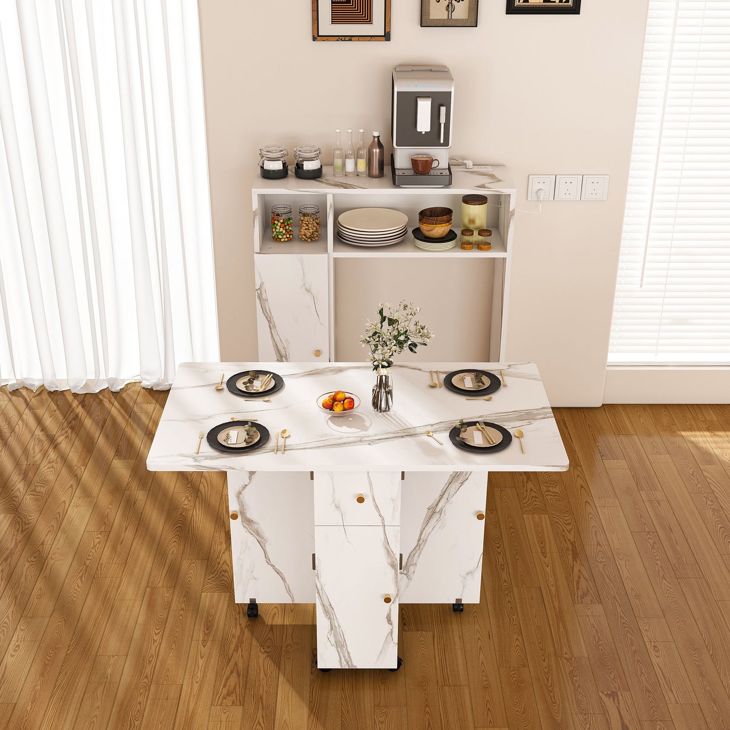Multifunctional Folding Dining Table With Wall-Mounted Sideboard &amp; Storage