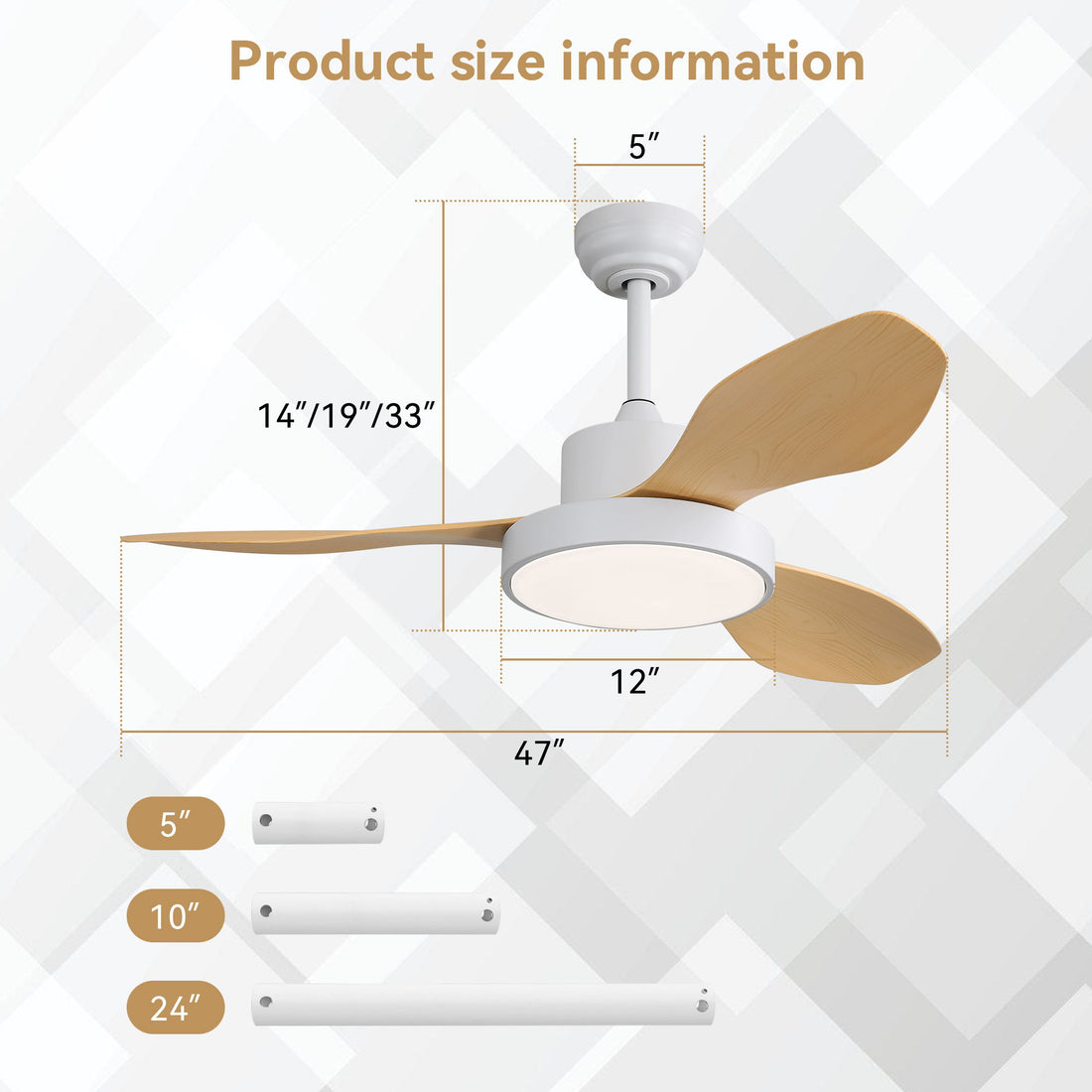 Ceiling Fan With 22W LED Light And Remote Control 6 Speeds Reversible DC Motor For Living Room - White