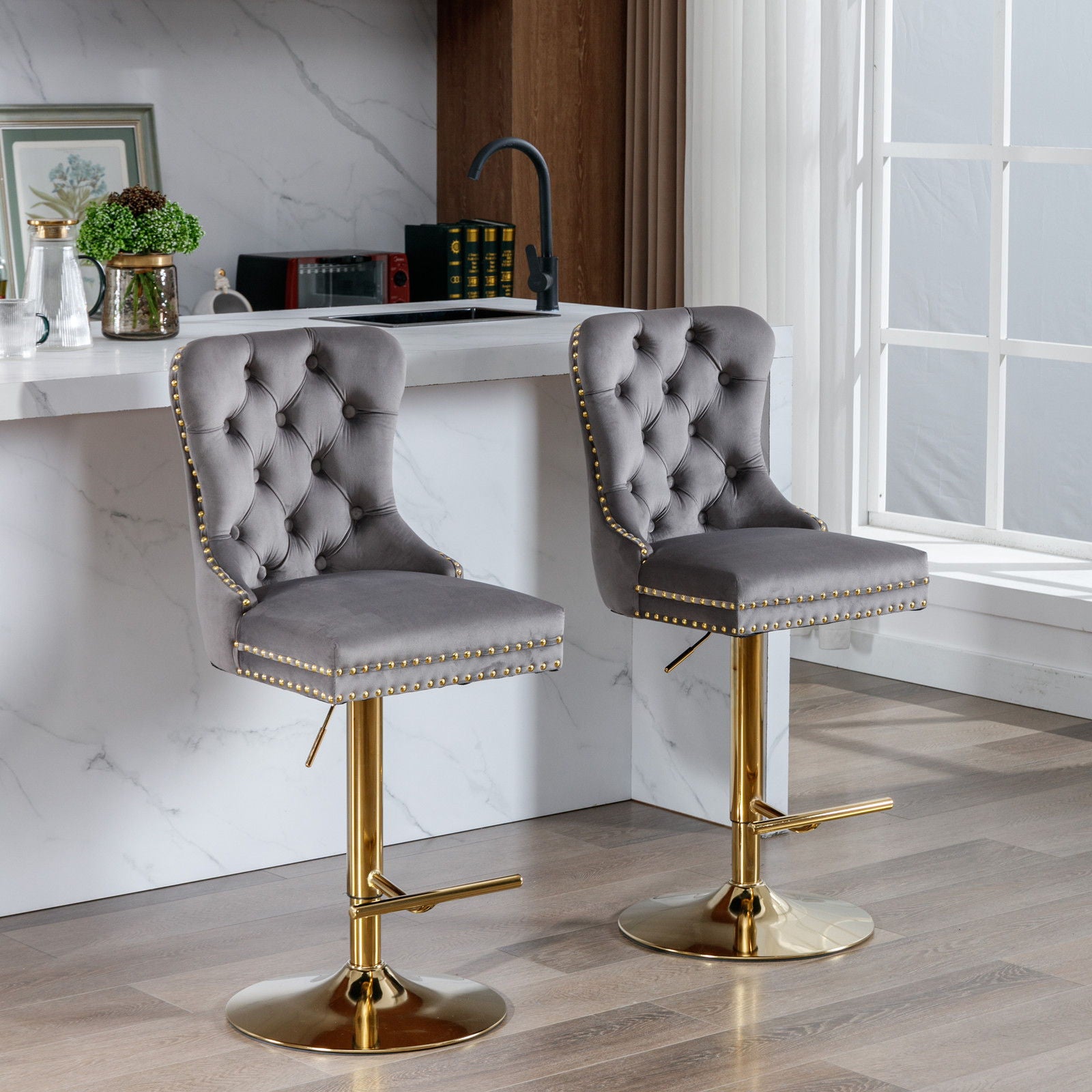 Thick Golden Swivel Velvet Barstools Adjusatble Seat Height From 25-33&quot;, Modern Upholstered Bar Stools With Backs Comfortable Tufted For Home Pub And Kitchen Island (Set of 2)