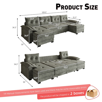 U-Shaped Sleeper Sofa With Pull Out Bed, Removable Armrests &amp; USB Ports For Living Room