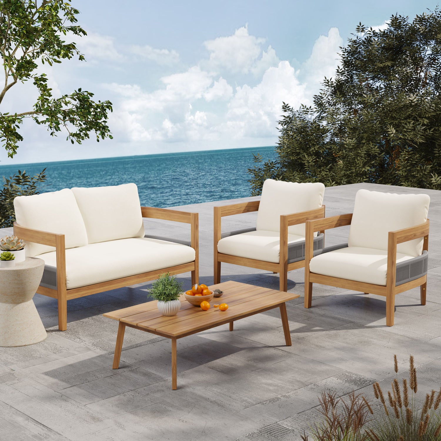 Porto - Outdoor Loveseat &amp; Table - Beige / Teak