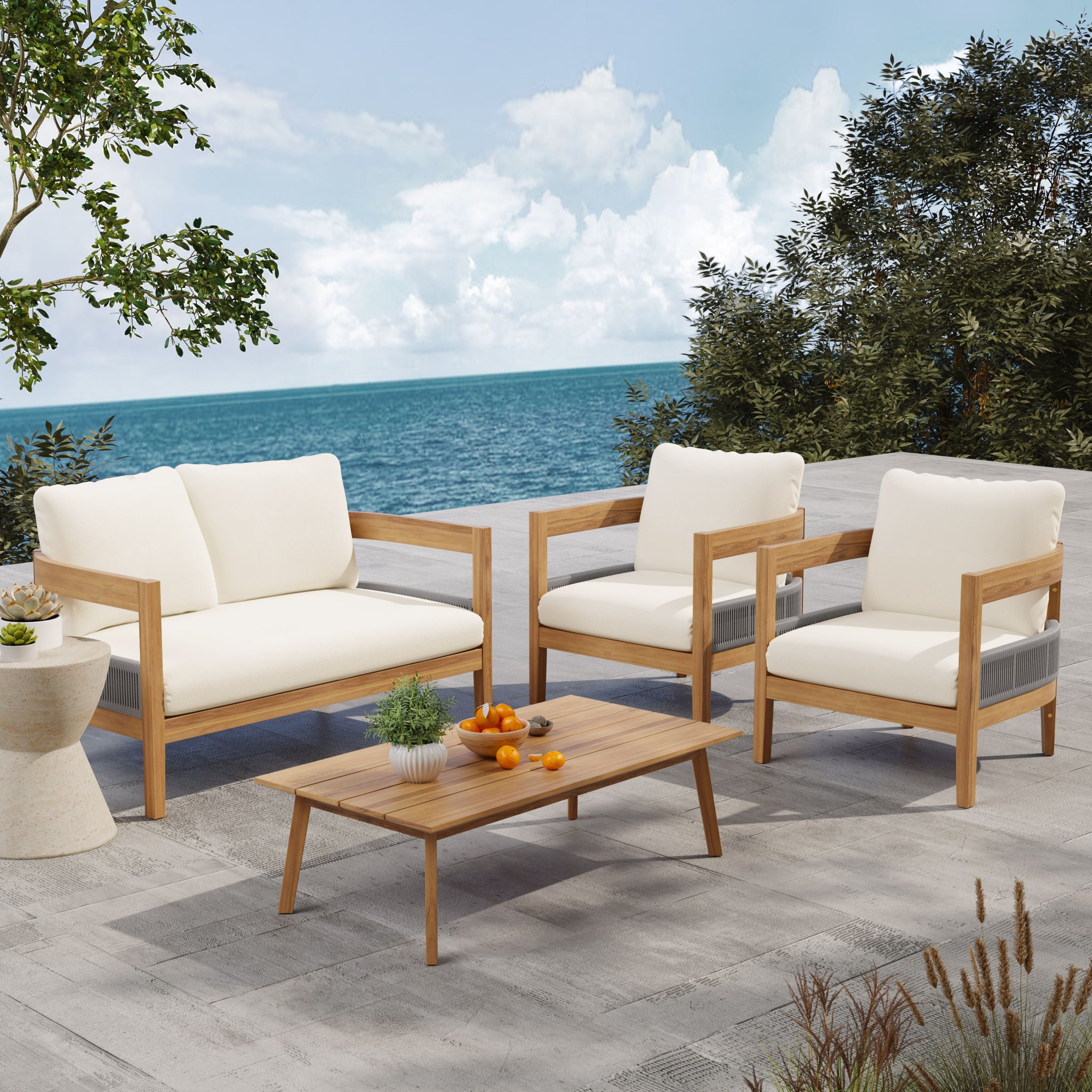 Porto - Outdoor Loveseat &amp; Table - Beige / Teak