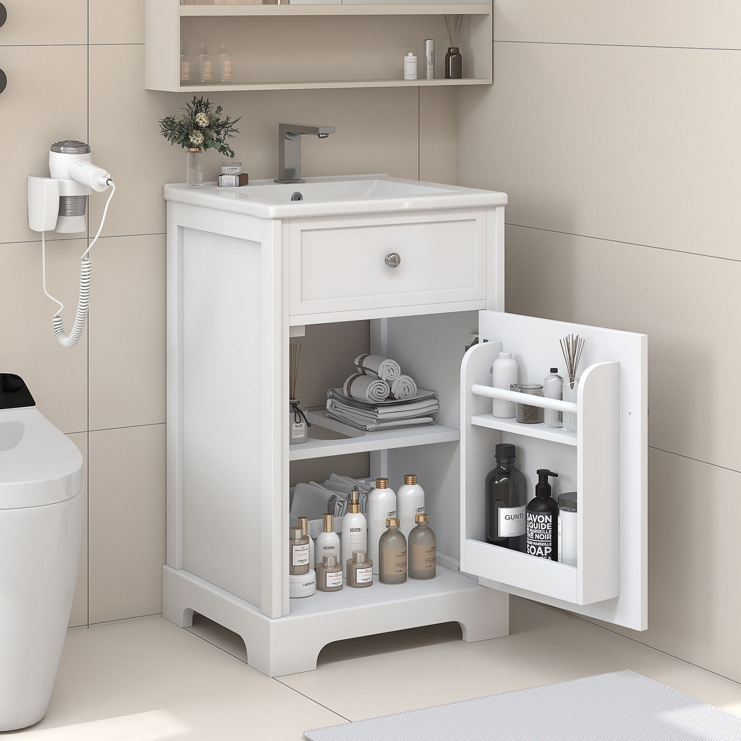 20" Bathroom Vanity With Sink, Soft Closing Cabinet Door, Adjustable Shelf &amp; Storage Rack - White