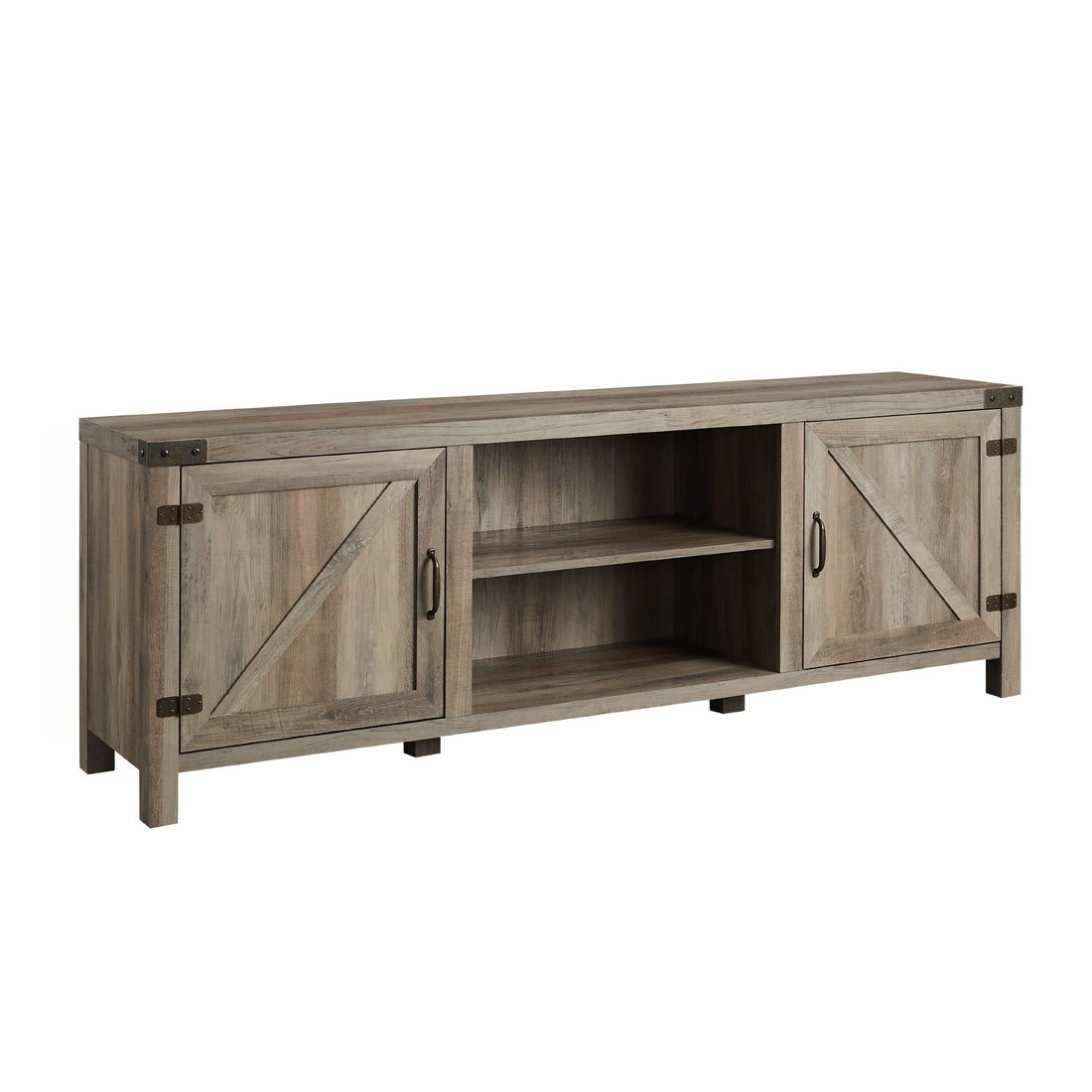 Rustic Farmhouse Double Barn Door 70&quot; TV Stand For 80&quot; TVs With Center Shelves