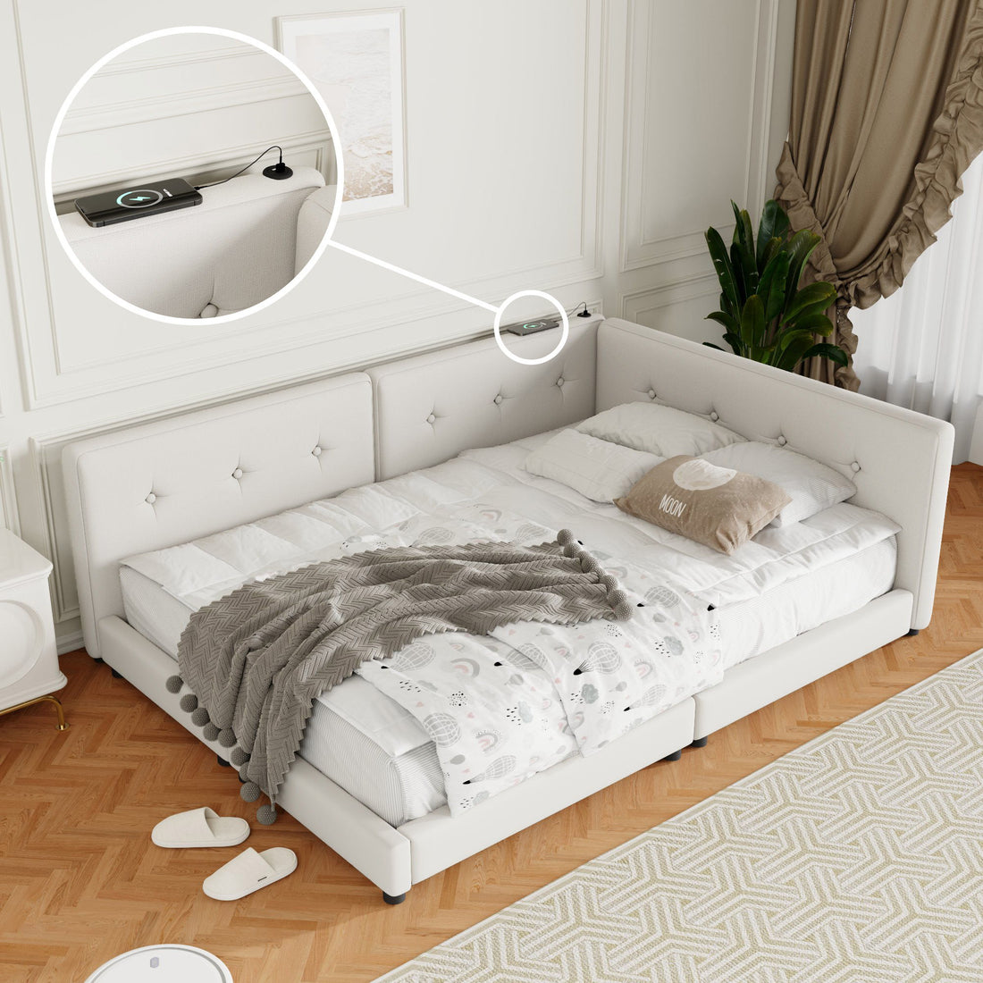 Modern Upholstered Platform Bed With USB Ports And LED Belt