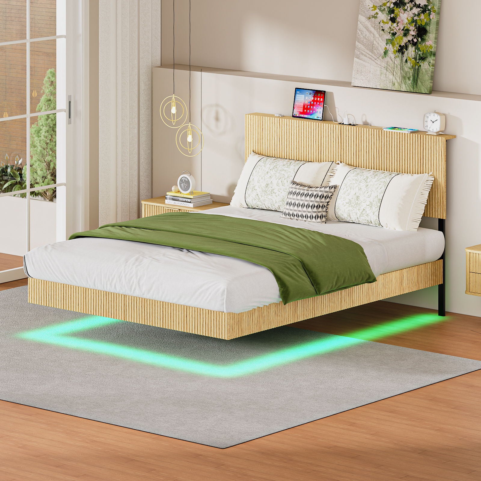 Floating Bedstead With Charging Station And LED Lights