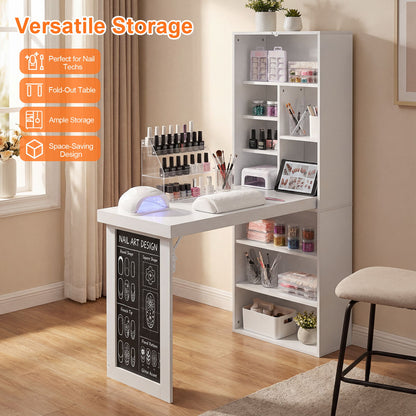 Folding Desk With Storage, Foldable Convertible Writing Table With Blackboard And Shelves For Home Office