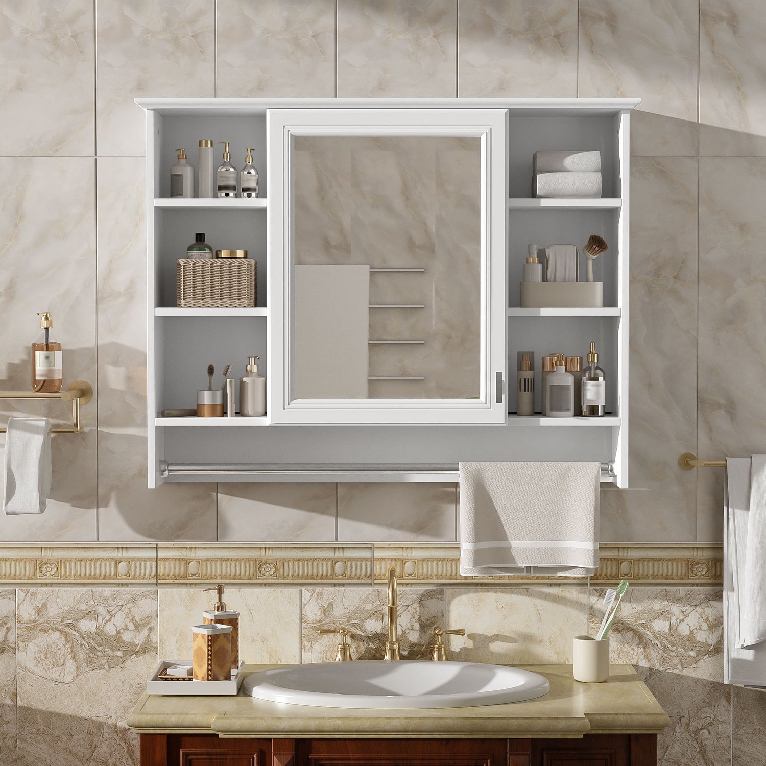 Modern Wall Mounted Mirror Cabinet With Adjustable Shelf, Soft Close Door, And Towel Bar