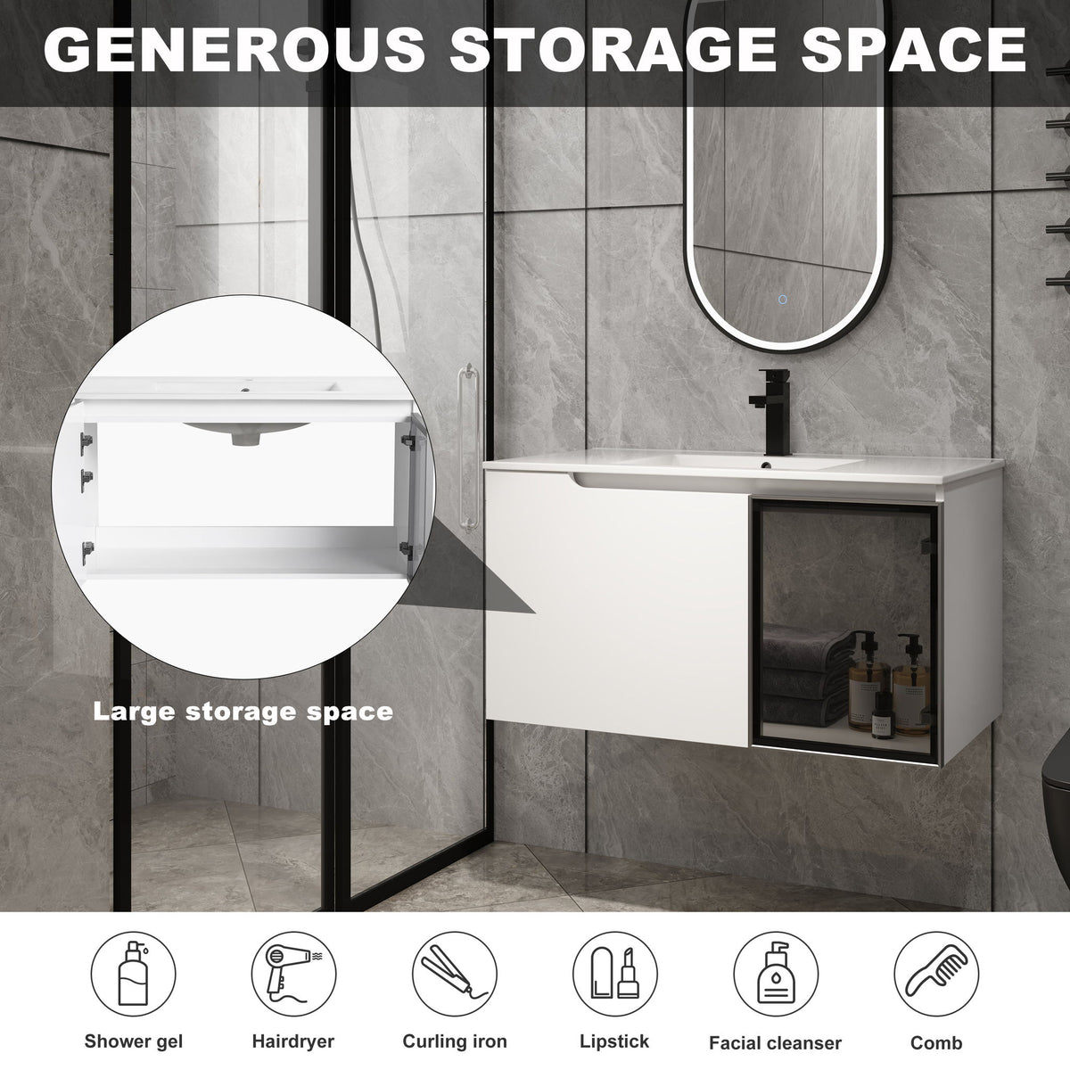 Wall Mounted Bathroom Vanity With Sink, 2 Soft Close Doors, Cabinet &amp; Half Door