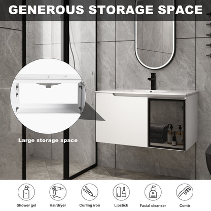 Wall Mounted Bathroom Vanity With Sink, 2 Soft Close Doors, Cabinet &amp; Half Door