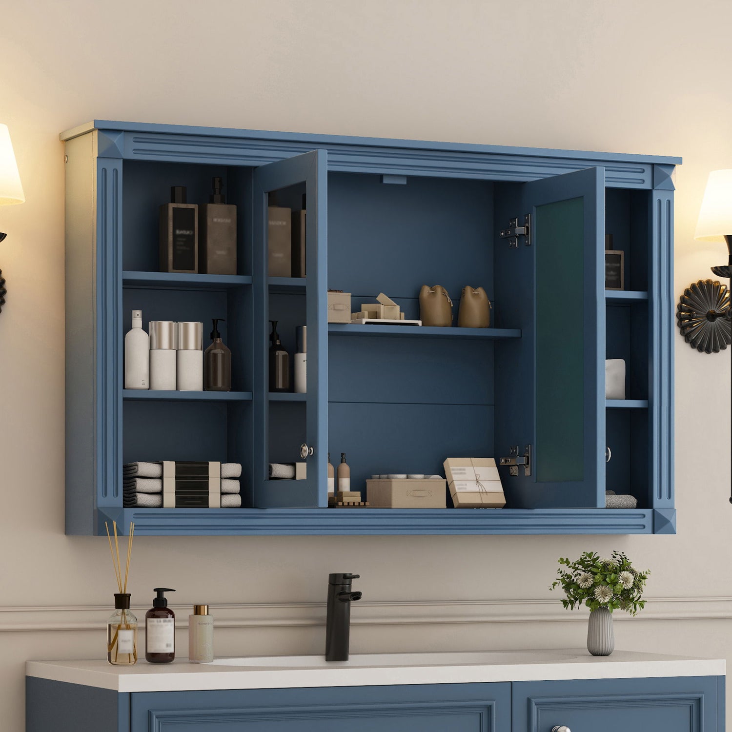 Wall-Mounted Mirror Cabinet With Adjustable Shelf And Open Shelves