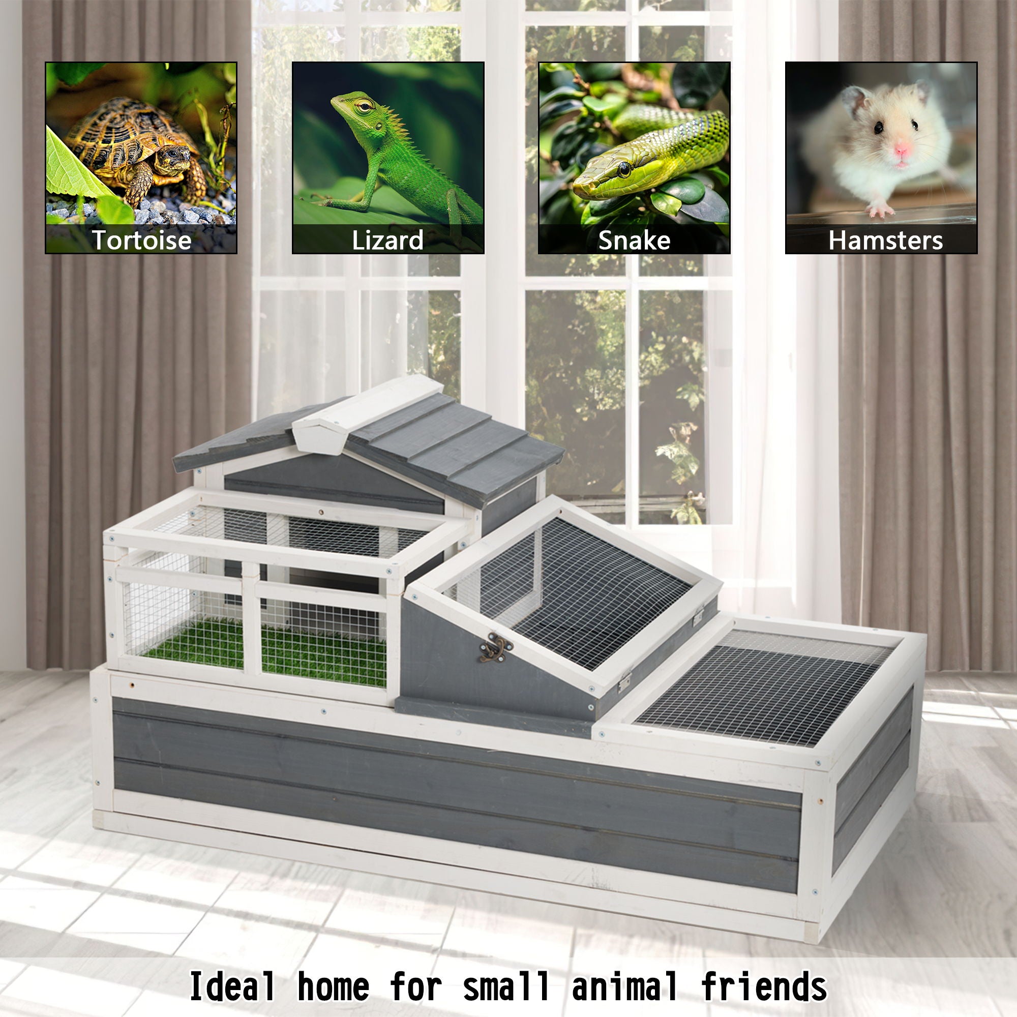 Luxury 3 Room Wooden Tortoise House Habitat With Turf Balcony &amp; 2 Stories - Gray / White