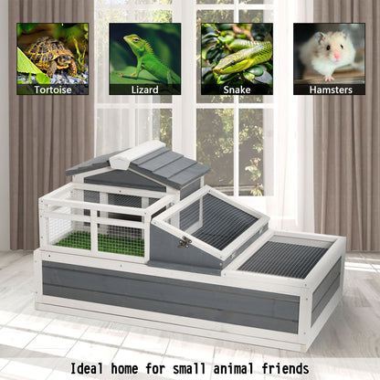 Luxury 3 Room Wooden Tortoise House Habitat With Turf Balcony &amp; 2 Stories - Gray / White