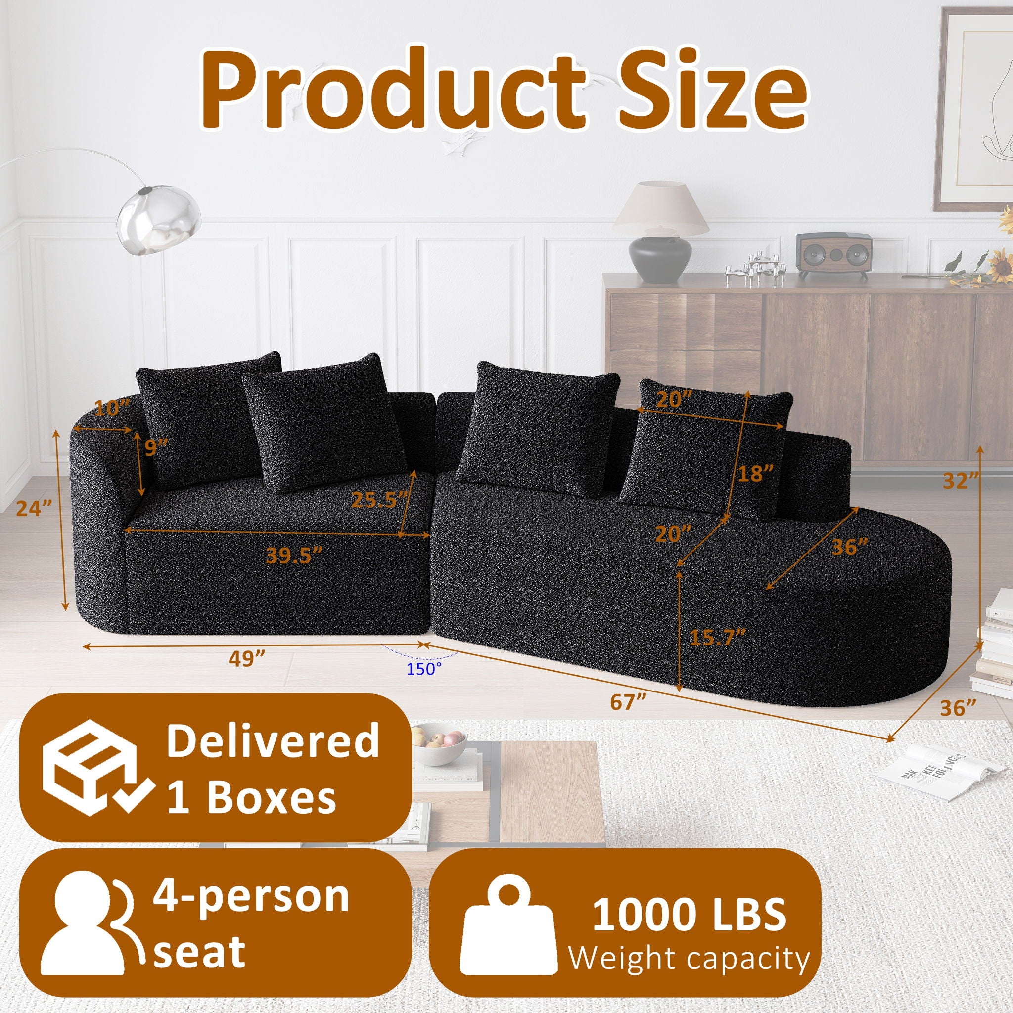 Upholstered Oversized Sectional Sofa, 4 Seater Extra Deep &amp; Wide Curved Cloud Couch With 4 Throw Pillows For Living Room - Black