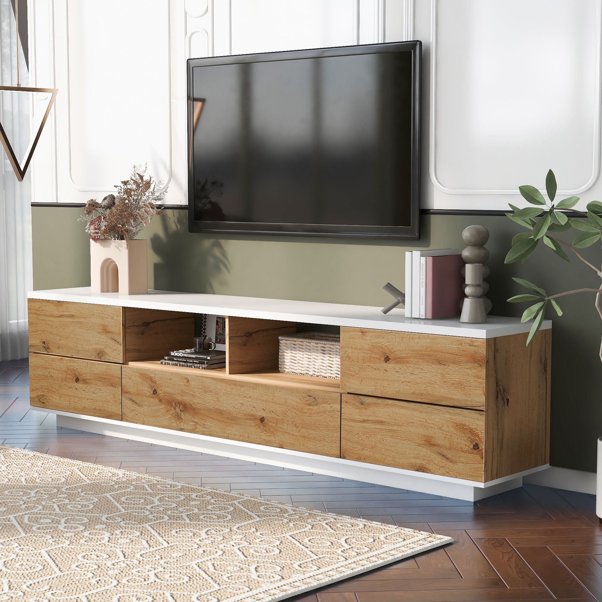 TV Stand, Entertainment Center With Deep Drawers, Cable Management &amp; Soft Closing Hinges