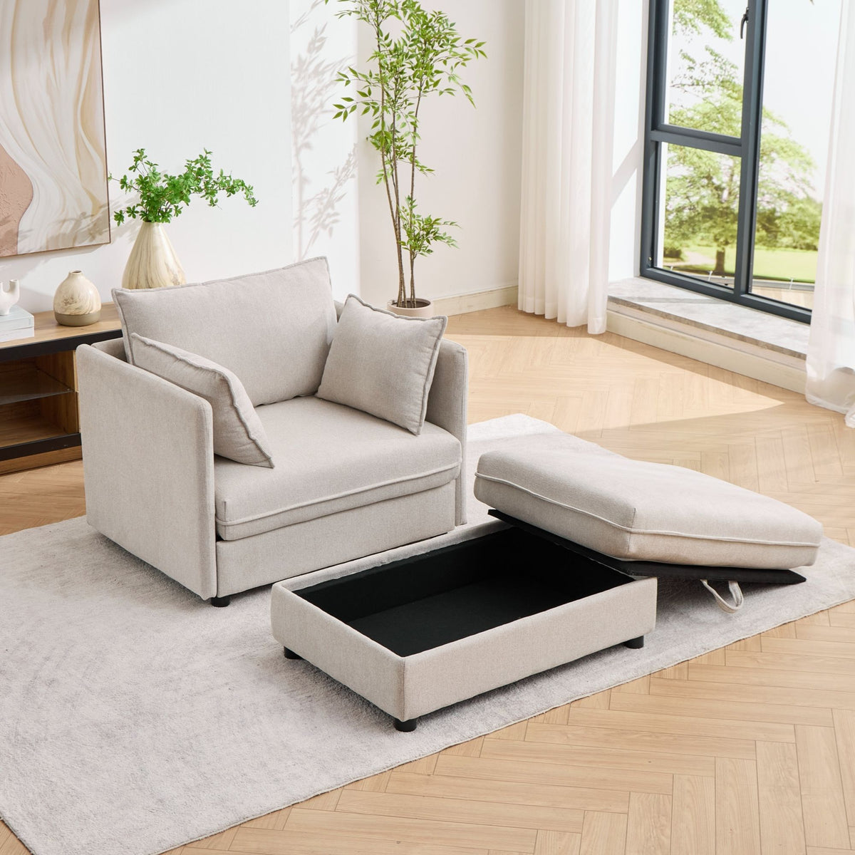 Oversized Deep Seat Accent Chair With Matching Storage Ottoman &amp; Throw Pillows