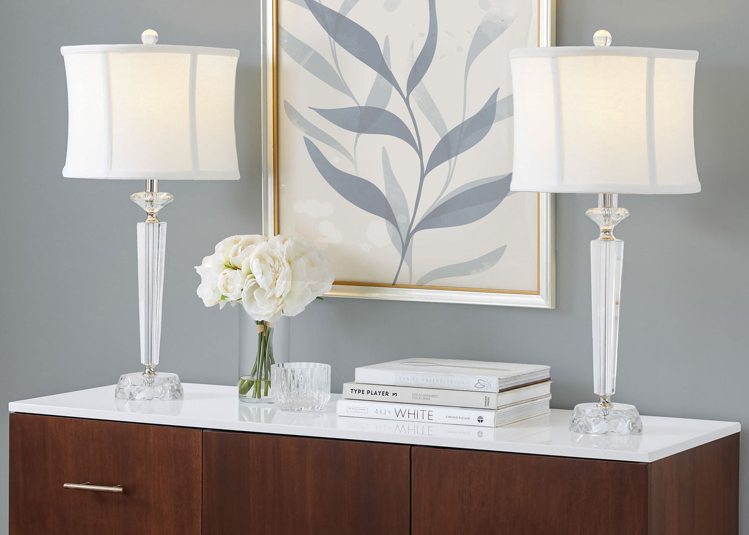 Diamond - Torch Contemporary Crystal Table Lamp (Set of 2) - Clear / Off White / Polished Nickel