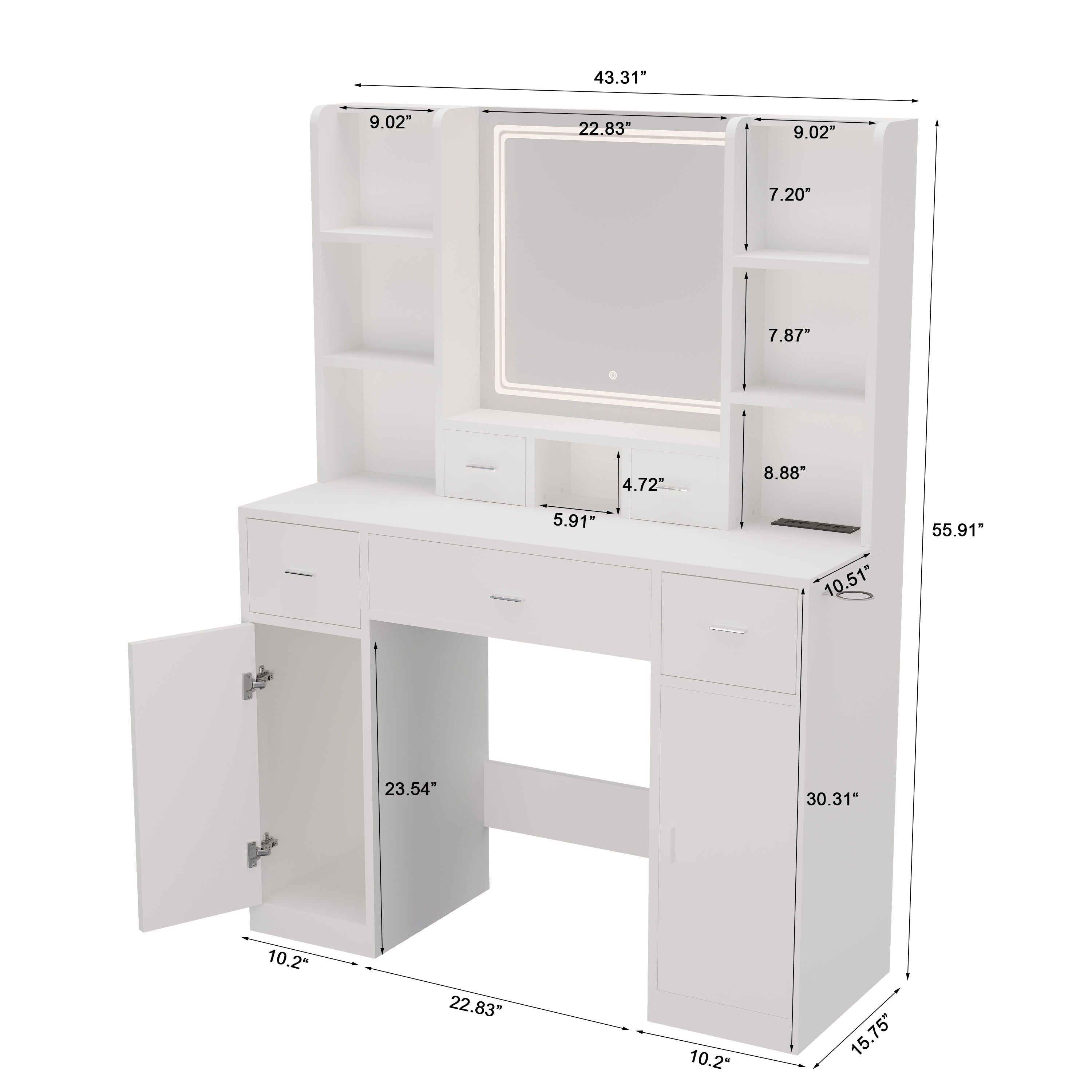 43.31&quot; Newly Designed Smart Mirror Dressing Table With Drawers And Storage Cabinet, Dressing Table With Dressing Pad For Bedroom, Dressing Room