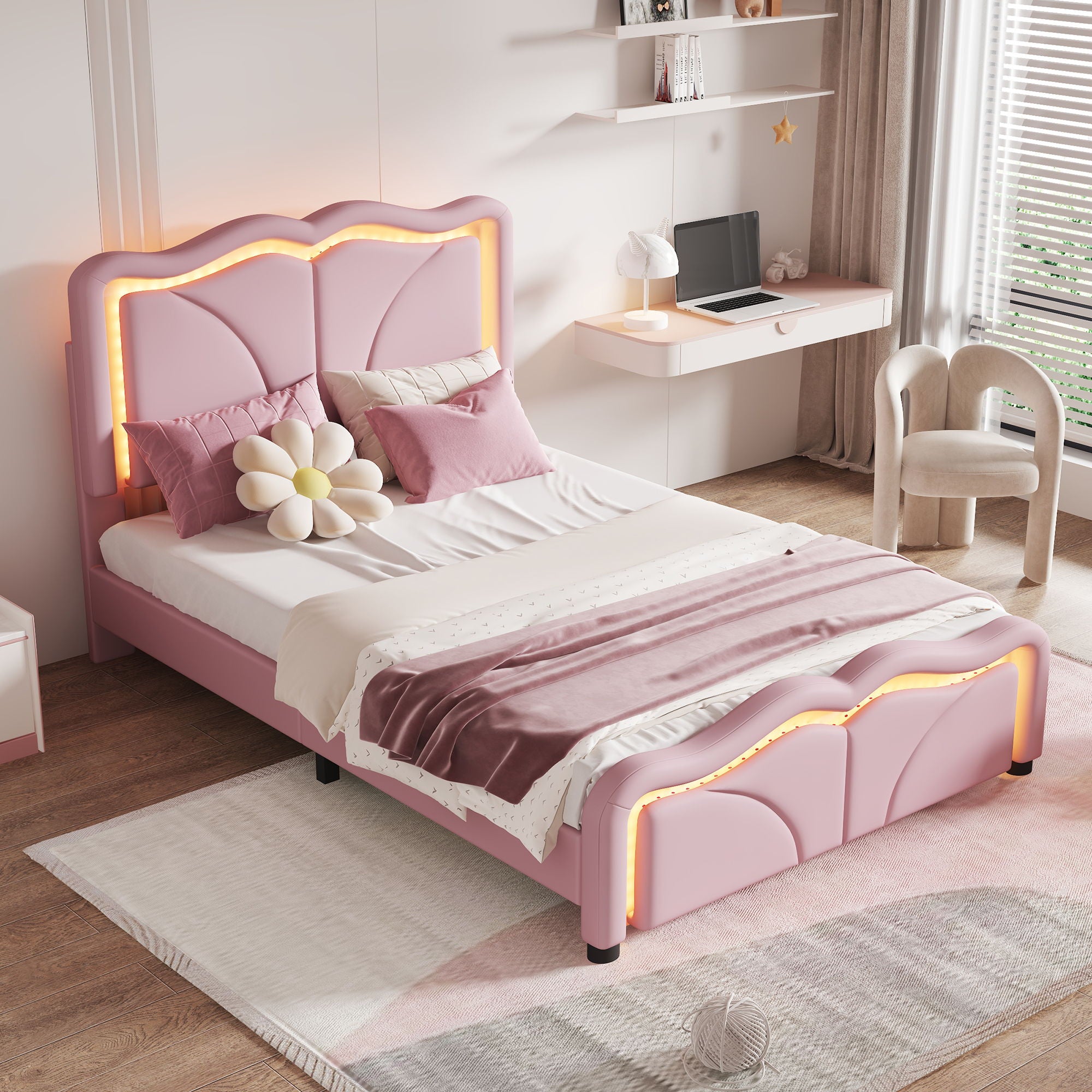 Upholstered Platform Bed &amp; Curve Shaped And Height Adjustable Headboard, LED Light Strips