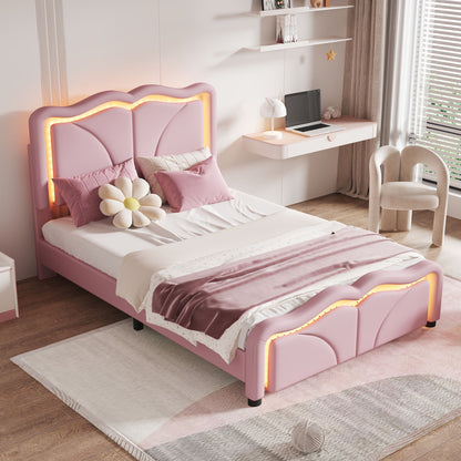 Upholstered Platform Bed &amp; Curve Shaped And Height Adjustable Headboard, LED Light Strips