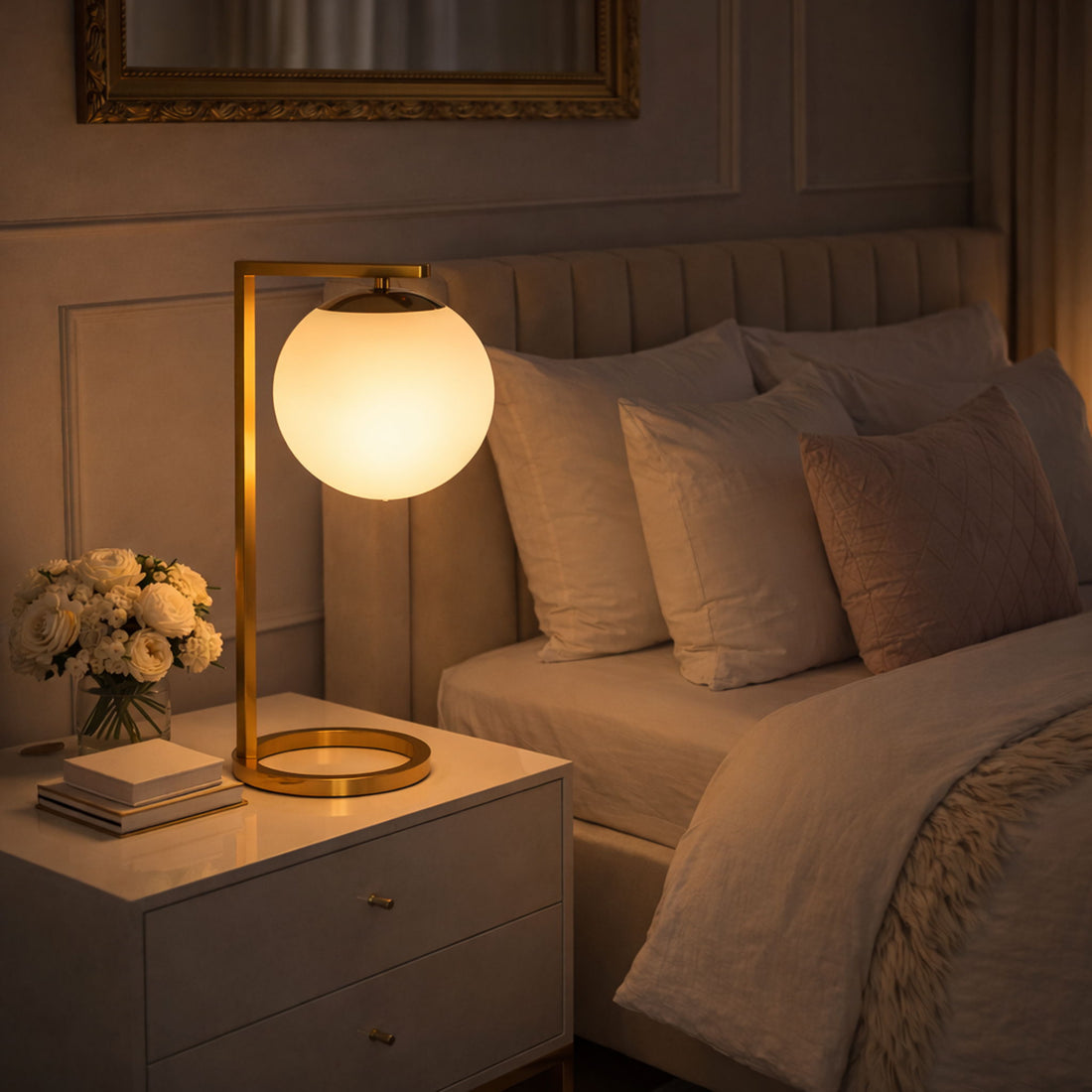 Globe Table Lamp Opal With Dimmer Switch Inline - Gold / White