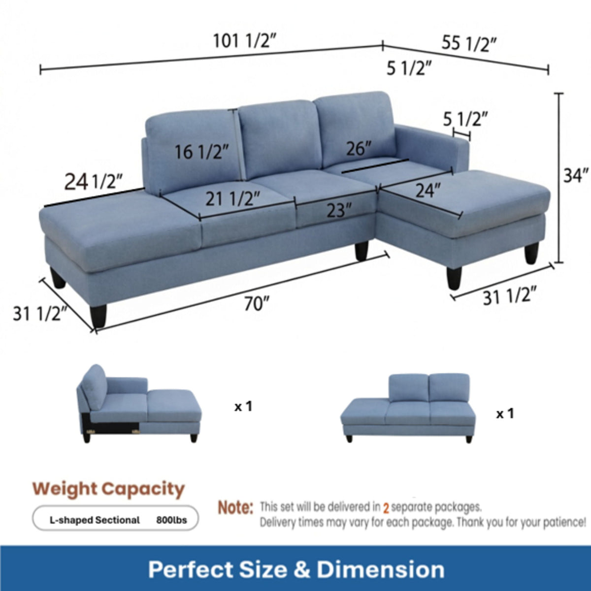 L - Shaped Sectional Sofa With Chaise &amp; Ottoman