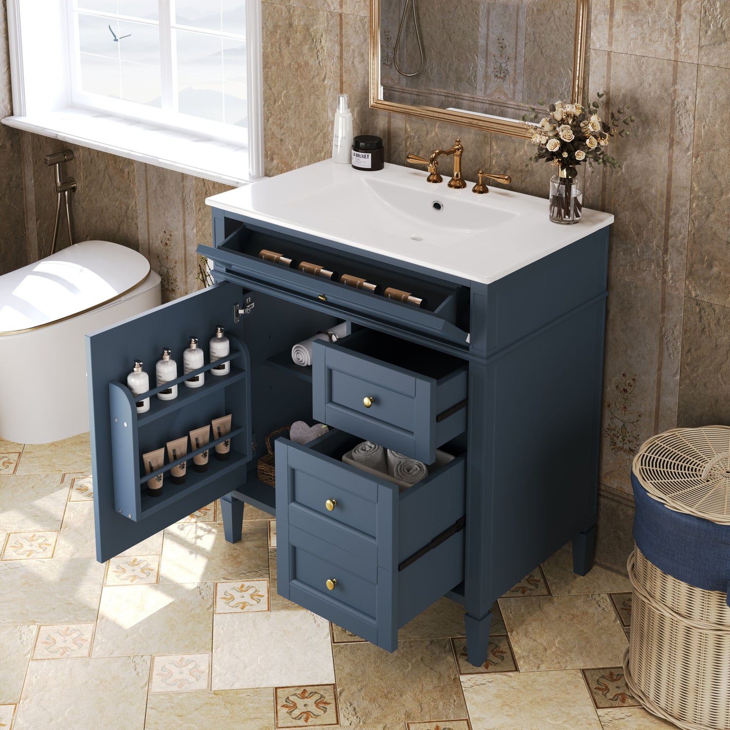 Bathroom Vanity With Top Sink, 2 Drawers &amp; Tip Out Drawer