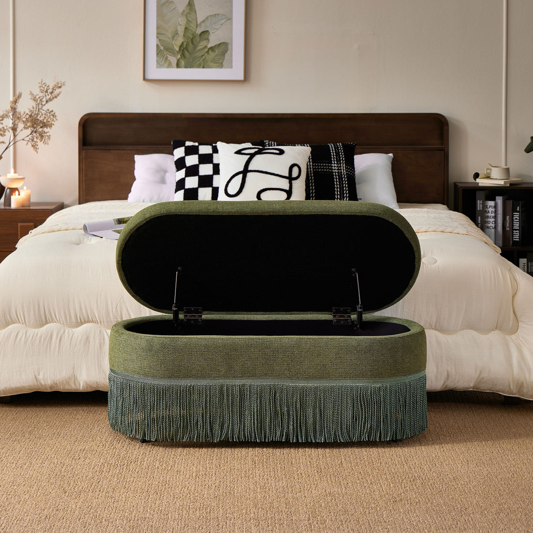 Oval Upholstered Storage Ottoman With Fringe Trim &amp; Lift Top Lid
