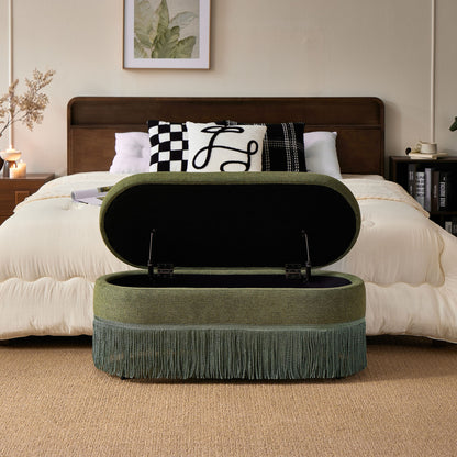 Oval Upholstered Storage Ottoman With Fringe Trim &amp; Lift Top Lid