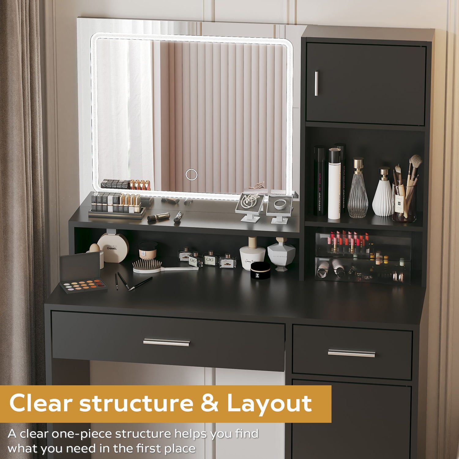 Vanity Desk With Mirror And LED Light Strip, Dressing Table With Large Drawer, 3 Level Storage Dresser &amp; 3 Lighting Modes Adjustable Brightness, Suitable For Bedroom