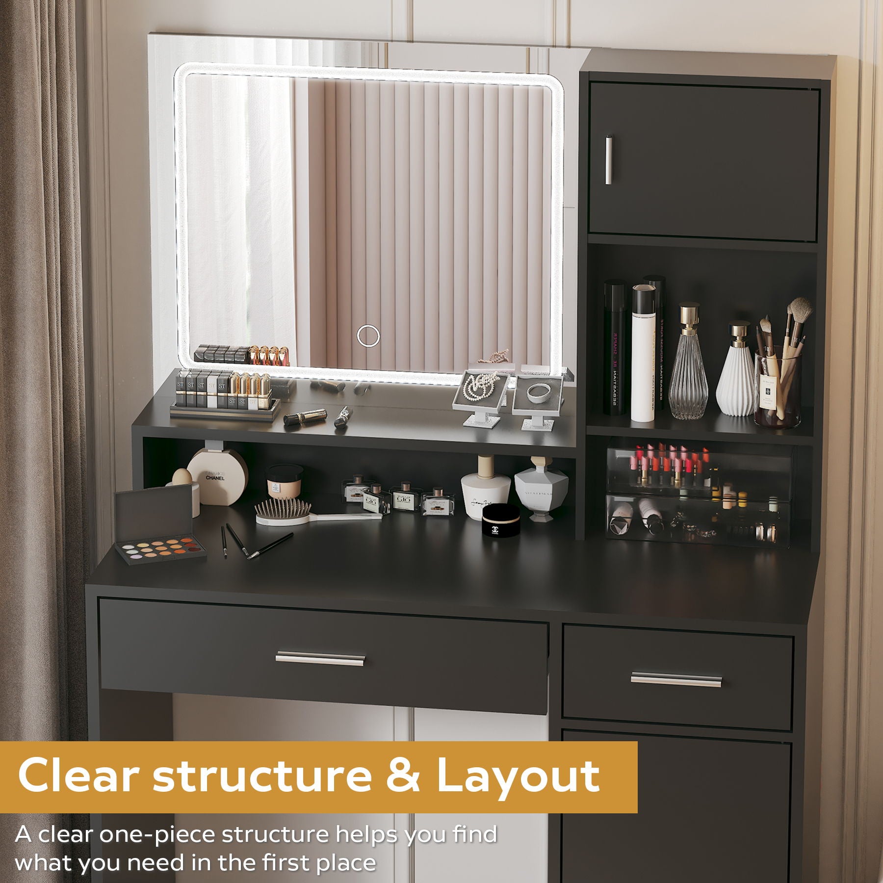 Vanity Desk With Mirror And LED Light Strip, Dressing Table With Large Drawer, 3 Level Storage Dresser &amp; 3 Lighting Modes Adjustable Brightness, Suitable For Bedroom