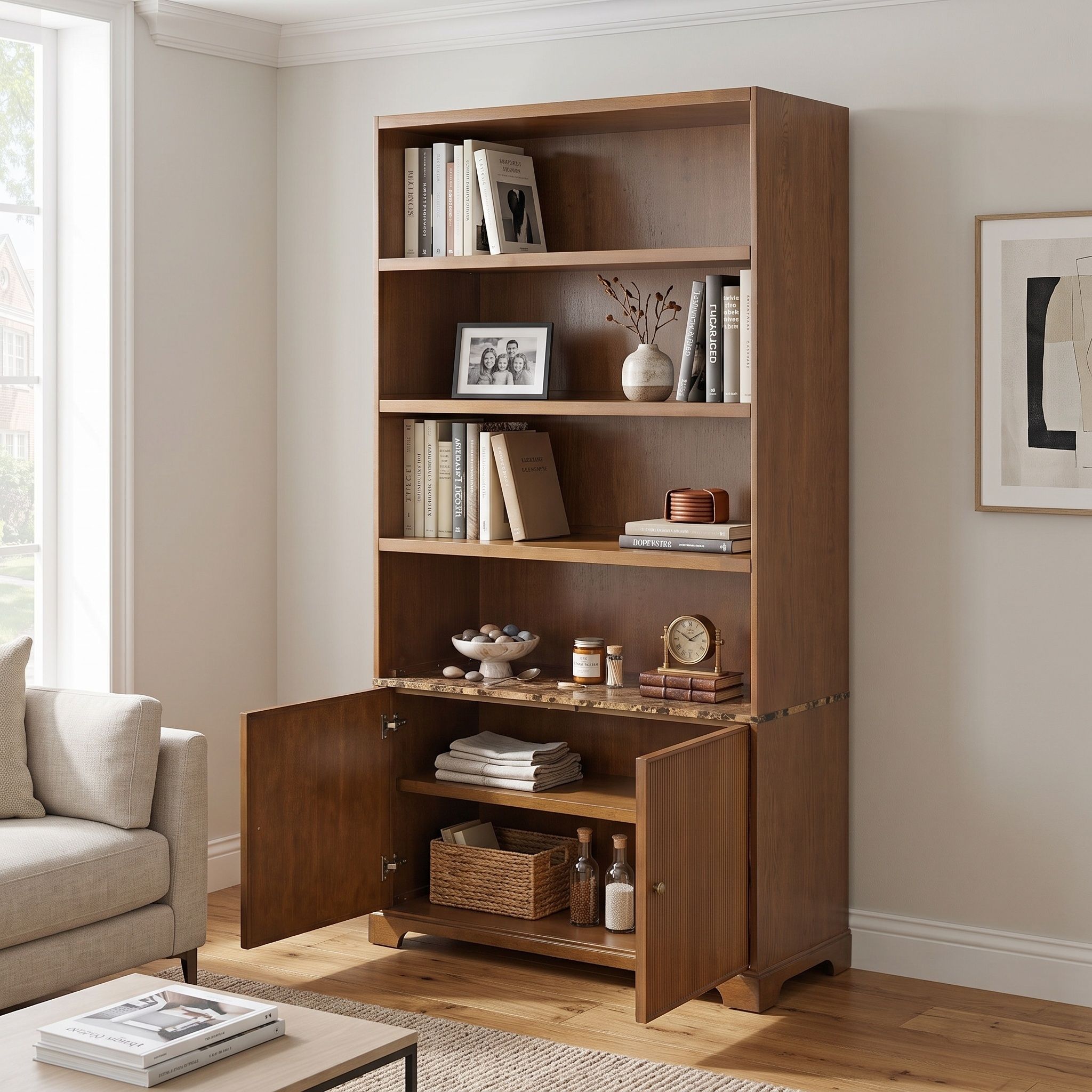 Tall Bookcase Storage Cabinet With 3 Open Shelves &amp; Fluted Double Doors