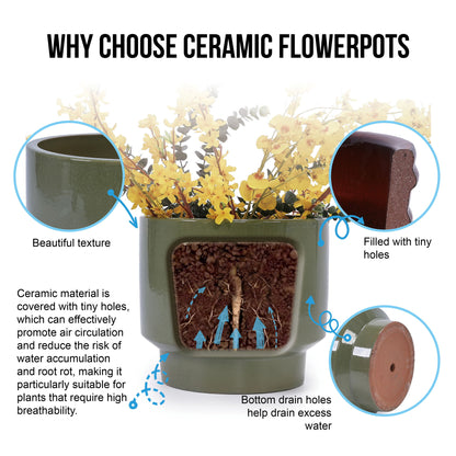 3 Pieces Ceramic Flowerpot, Planter For Patio, Garden Or Windowsills - Antique Light Green